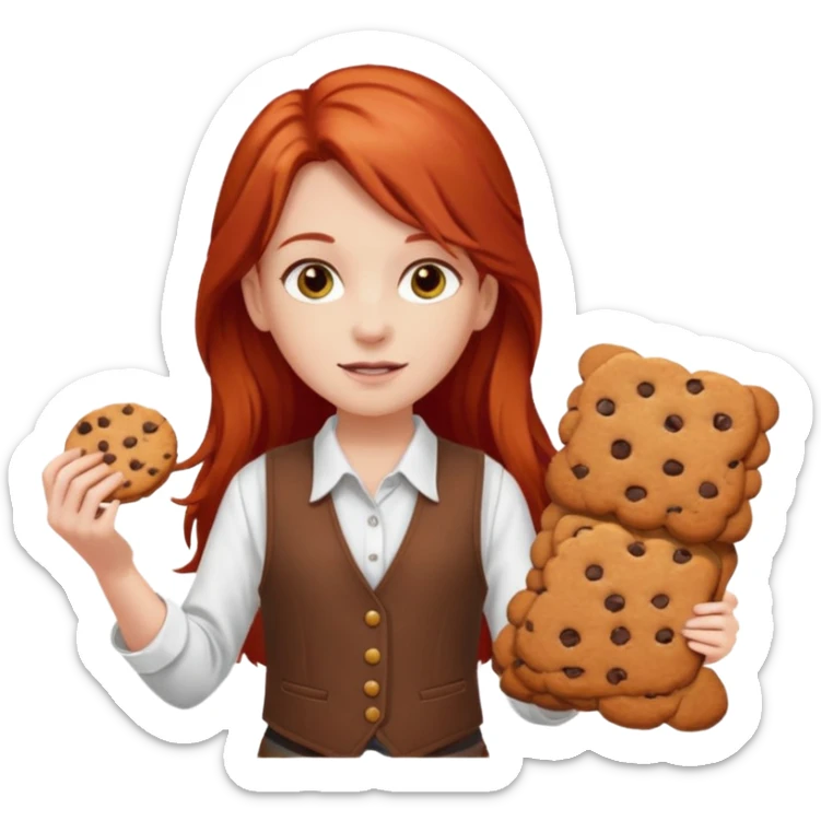 white girl scout with red long hair selling cookies with a brown vest and white shirt under vest. She should be around 10 years old sticker