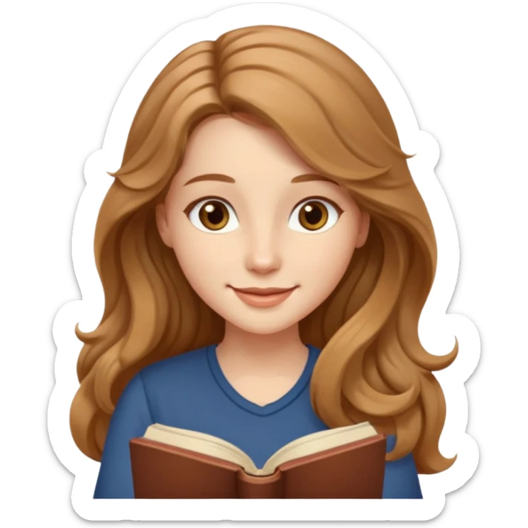 detailed emoji of a woman with long light brown wavy hair, light brown eyes, softly smiling while reading a book sticker