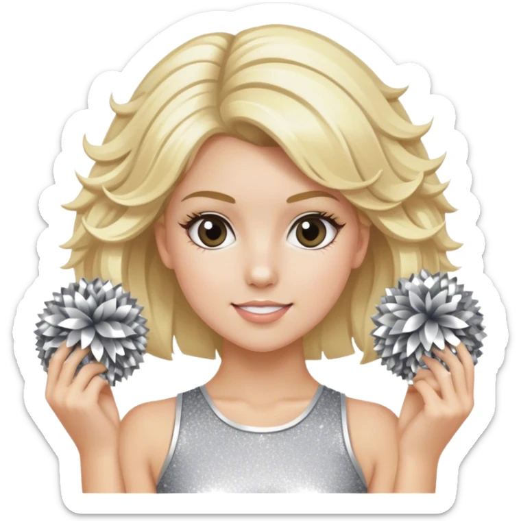 Cheerleader with blonde hair down holding Pom Pom’s wearing all silver and glitter sticker
