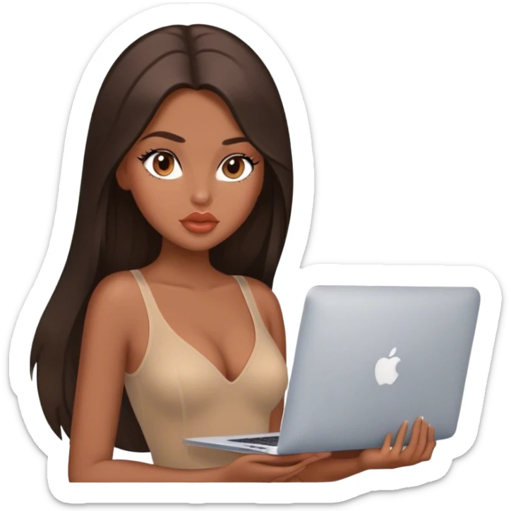 Glamours tanned very beautiful girl with big pump peach lips and dark chocolate straight smooth long hair, blue-grey eyes in brown/beige bodysuit with MacBook sticker