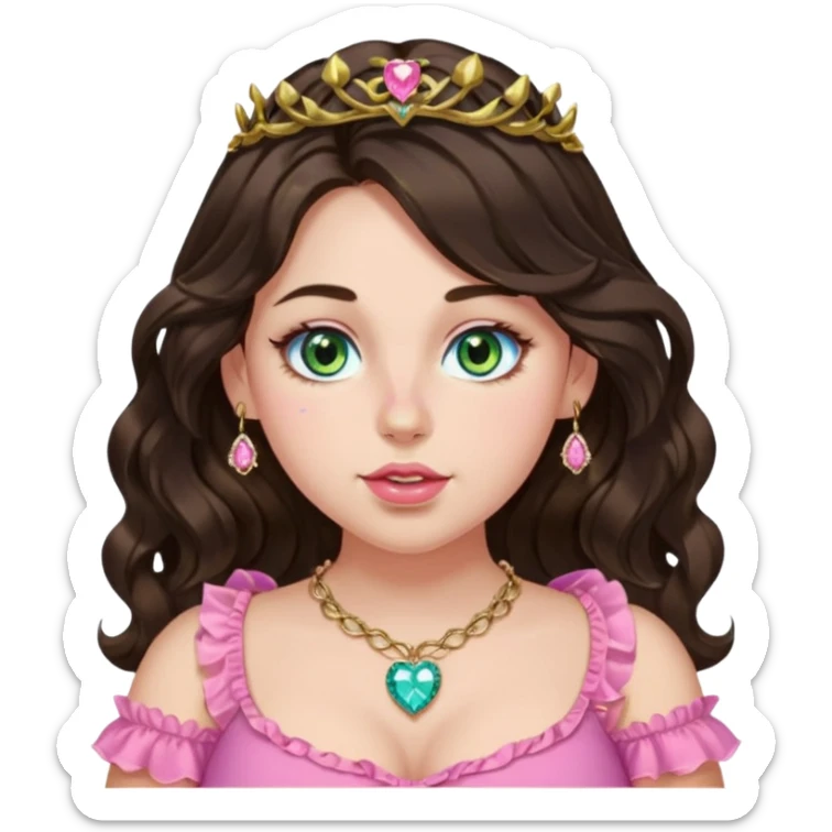 Girl girl with long wavy dark brown hair with middle part, centralized heterochromia blue green gold eyes, plus size, pink frilly top, right nostril gold nose ring, small pink heart crystal necklace  sticker