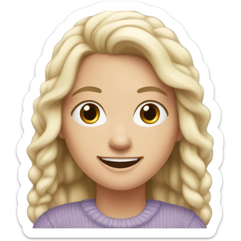 white girl working with laptop, dark hair, lavender sweater and smile on her face sticker