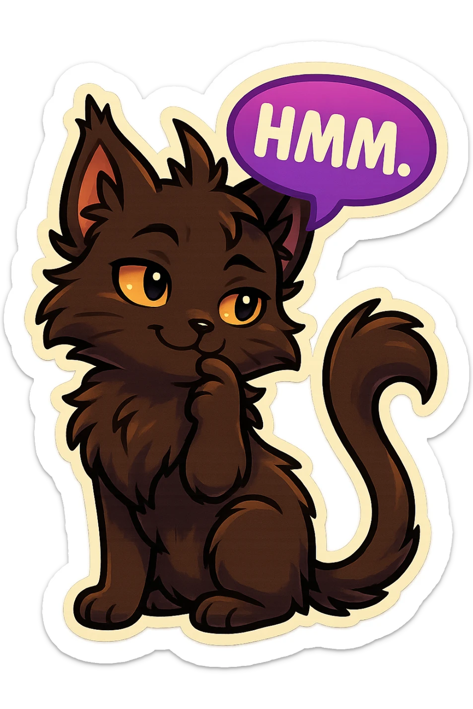 a dark-brown fluffy cute kawaii anime cat with tufted ears and a long thin tufted tail, thinking, smirking thoughtfully, saying “Hmm..” with a purple speech bubble, (cartoon style) (furry style) (deviantArt style) (artist style: Kamirah) sticker