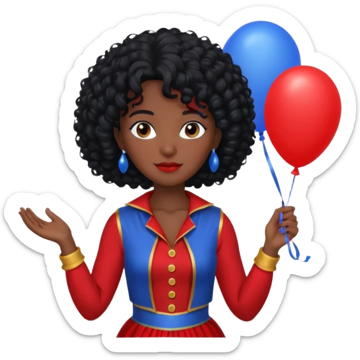 woman with curly black hair and dark face red costume, holding blue balloon sticker