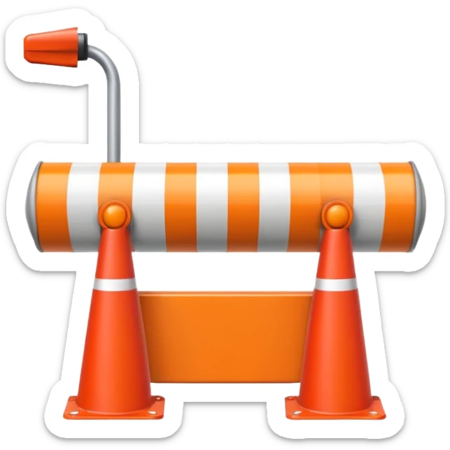 Flat emoji-style icon of a boom barrier.
Orange control box.
Red and white striped barrier arm coming out of the box.
Box is solid orange only, arm is red-white only.
NOT gates, NOT fence, NOT fully red-white barrier. sticker