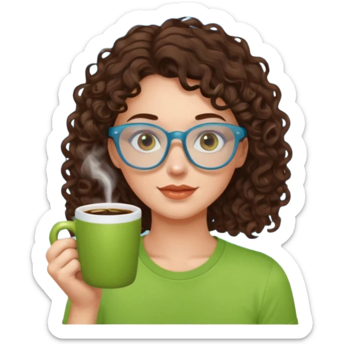 White girl with dark brown curly hair, brown eyes, sky blue glasses, apple green t shirt, drinking coffee sticker