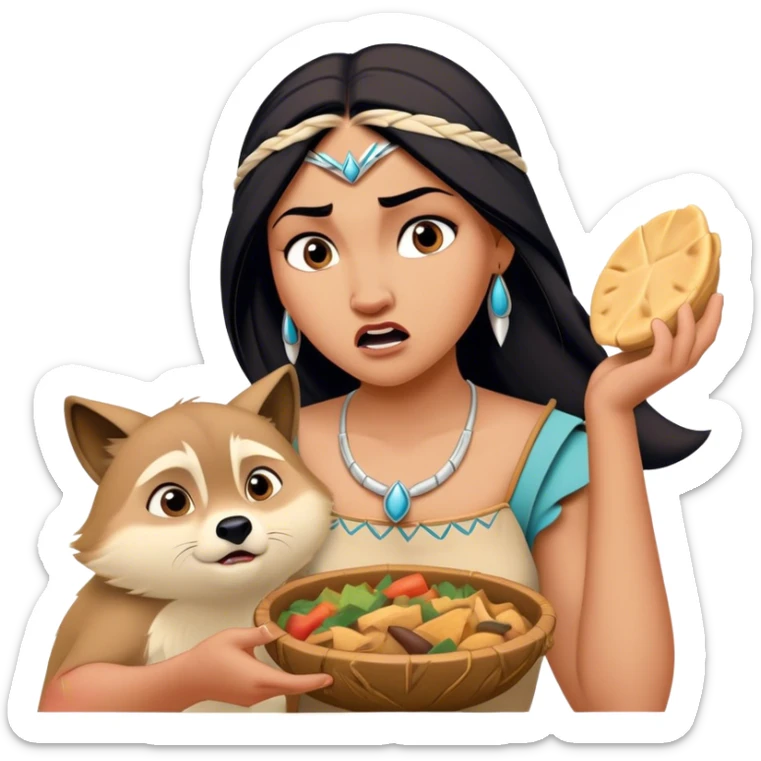 Cinematic Funny Pocahontas Portrait Emoji, Looking bewildered as Meeko steals her food, one brow raised in playful frustration, a warrior princess caught in a hilariously relatable moment, wild yet endearing! sticker