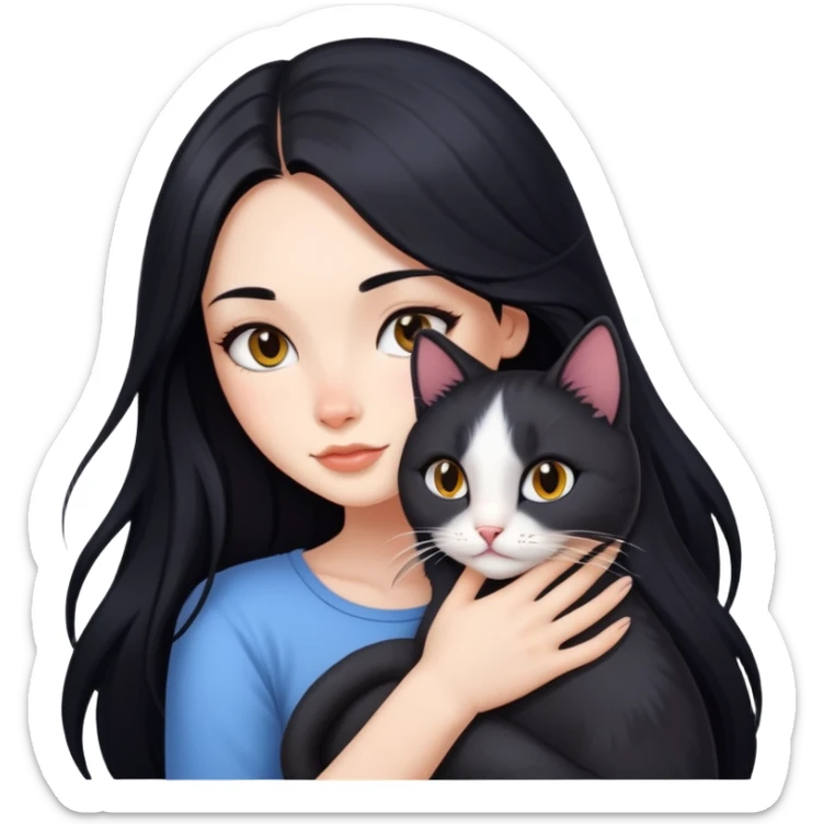 Hot girl with long black hair hugs a cat  sticker