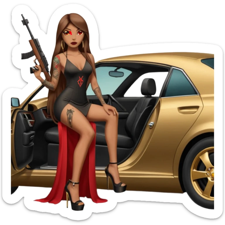 Lilith tan skinfemale red eyes symbol. Tattoo arms. Her hair is brown straight long hair.wearing sexy long sexy dress with slit. black stiletto thick platform high heels shoes on. Sitting on gold giant luxury car with cash inside . She is holding a sniper rifle in one hand cash in other hand sticker