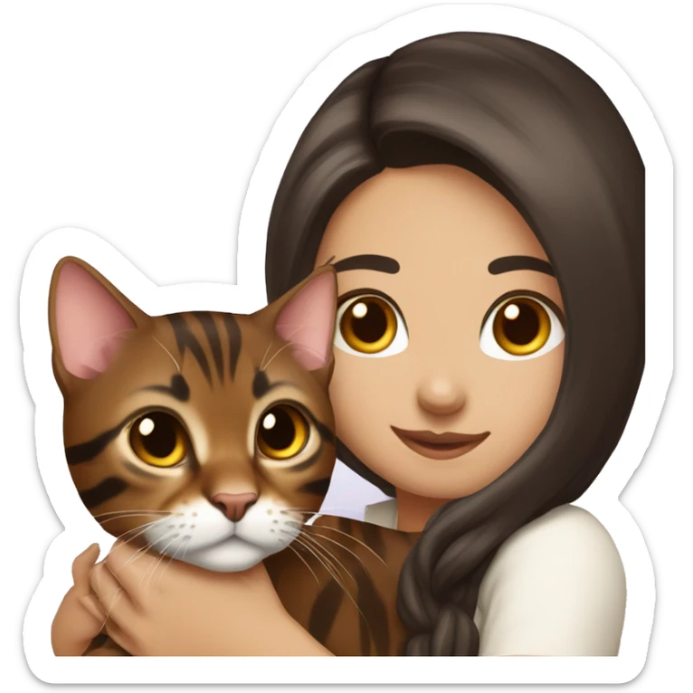 Beautiful woman long dark brown hair hug bengal cat sticker