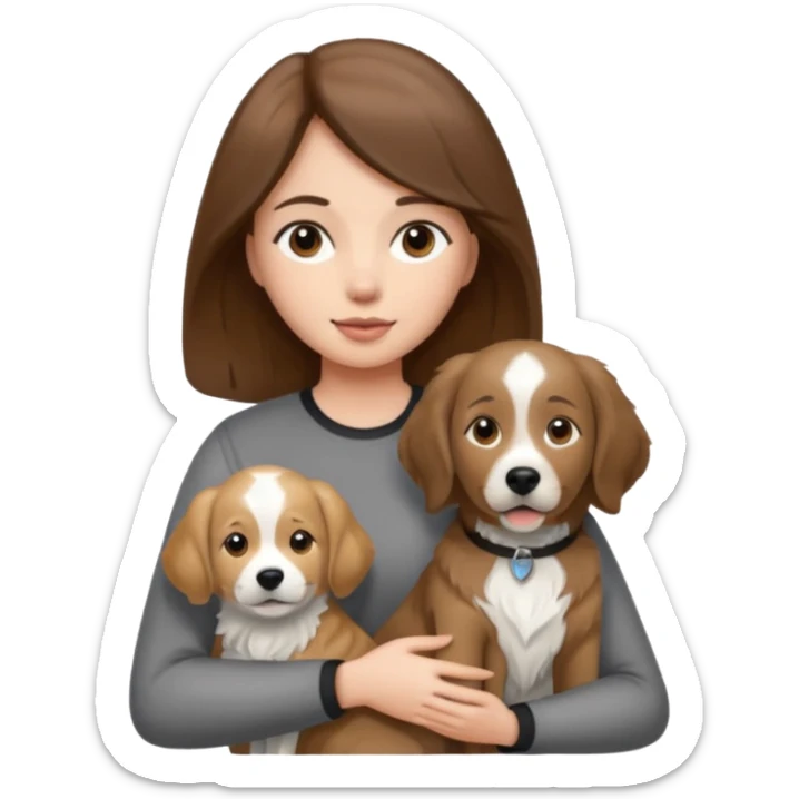 Girl with brown hair holding grey white and black golden retriever dog sticker