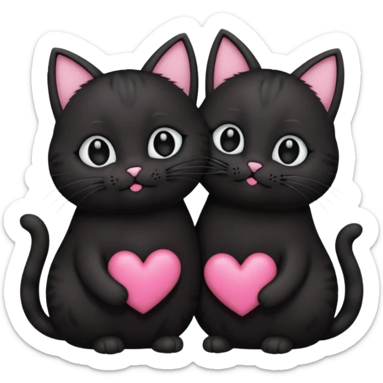 two fat cute black cats love, pink heart, closed mouth, black ears sticker
