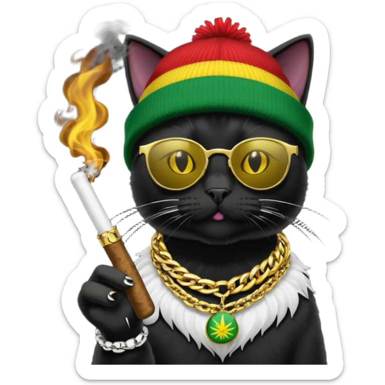 A black cat wearing the deal with it shades and a rasta beanie and smoking a joint and wearing a gold chain that says 420 sticker