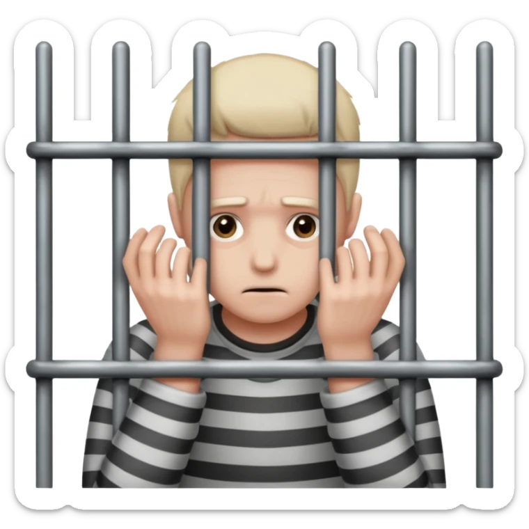Smutna buzia (☹️) za więziennymi kratami trzymająca się ich rękami sticker