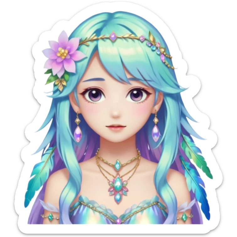 Beautiful gorgeous anime lady with beautiful iridescent-special-hair, fashion aesthetic, ethereal, fairycore, pastelcore, feather, flower, gems, accessories, jewelries, gold, colorful sticker