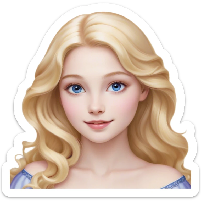 Cinematic Realistic Sleeping Beauty (Aurora) Portrait, with porcelain-like skin featuring a natural rosy flush, illuminated by soft lighting that highlights the gentle contours of her face. Her golden blonde hair flows in soft, detailed waves with subtle highlights that shimmer in the light. Her deep violet-blue eyes radiate warmth and innocence, framed by arched brows and long lashes. With a soft, serene smile, she holds a delicate rose gently in one hand, her other hand resting lightly by her side. She is dressed in her classic pink gown, the fabric rich in texture with delicate folds that catch the light. A golden crown rests atop her head, gleaming with royal refinement. The portrait captures a soft, glowing aura, blending realism with an ethereal sense of beauty and timeless enchantment. sticker