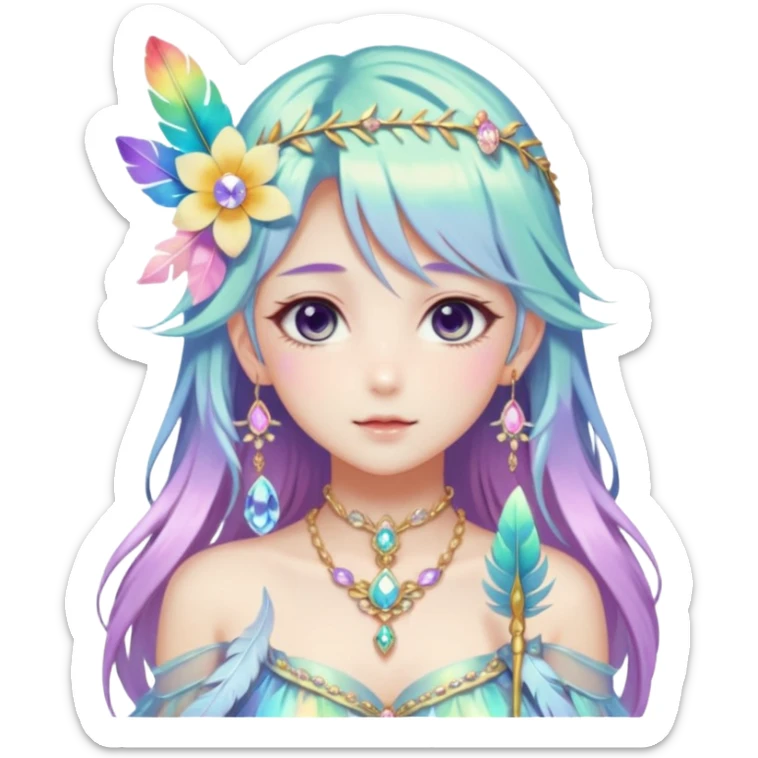 Beautiful gorgeous anime lady with beautiful iridescent-special-hair, fashion aesthetic, ethereal, fairycore, pastelcore, feather, flower, gems, accessories, jewelries, gold, colorful sticker