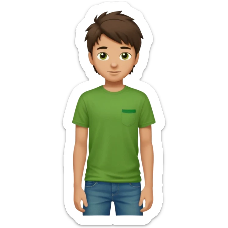 A 14 yerar old teenage boy, tanned, wearing a green t-shirt , blue jeans and green sneakers with dark brown tousled hair, smirking sticker
