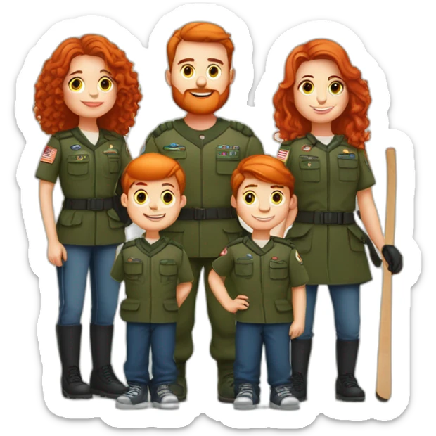 Family of five mother red hair father fat with beard son in the army son 12 years old with hockey stick son 7 years old with the smirk sticker