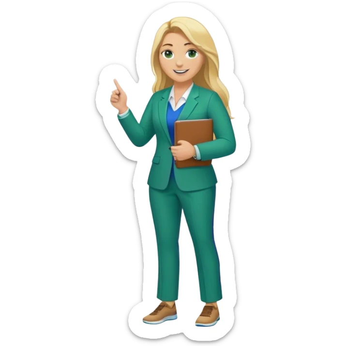 Full Body white plus size female basketball head coach with long blonde hair in a blue and green suit smiling holding clipboard sticker