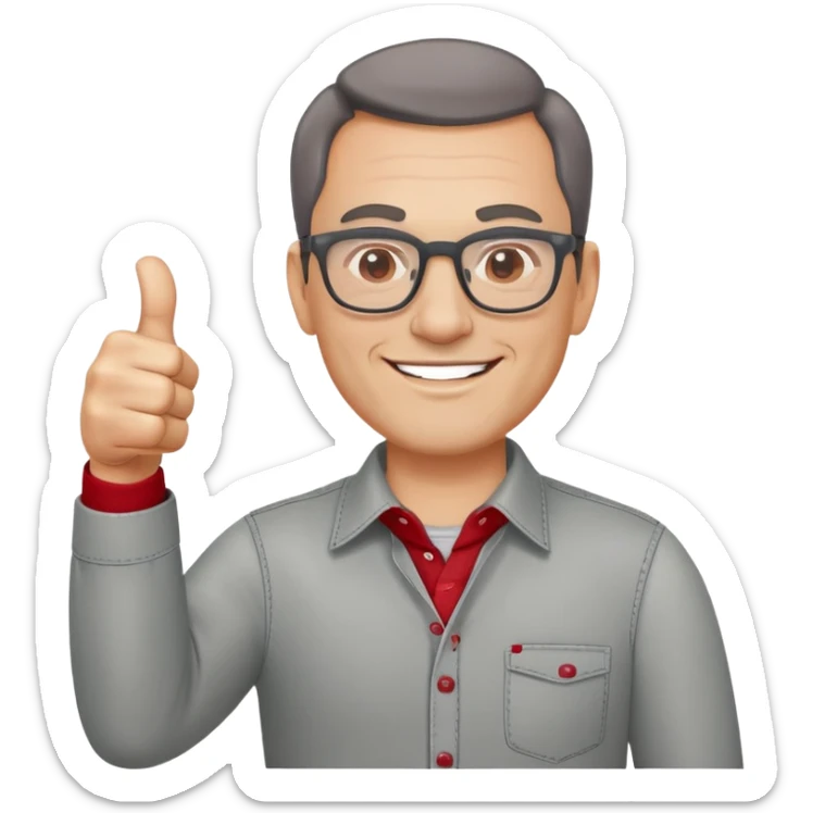 Um homem de 45 anos de óculos usando uma camiseta social cinza com detalhes nas costuras de vermelho dando um sinal de positivo. o homem deve estar alegre sticker