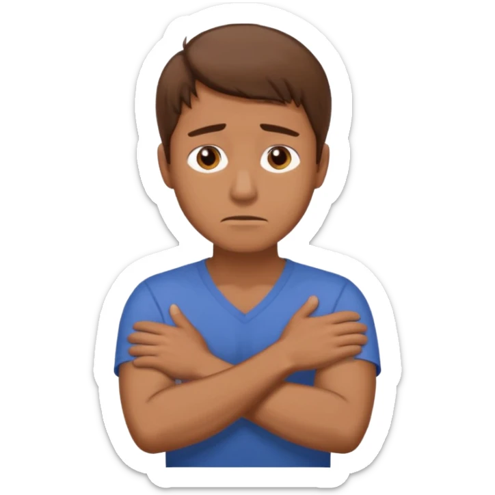 A man looking stressed holding the front of his neck with his arms crossed sticker