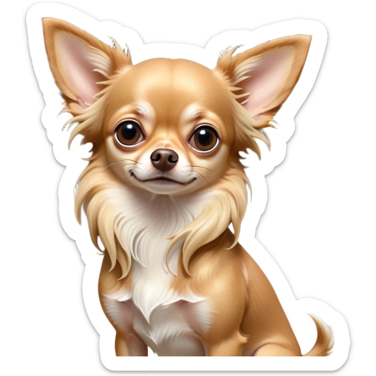 Cinematic Grumpy Long Haired Fawn Chihuahua Portrait Emoji, Head tilted slightly with a deeply unimpressed expression, thick, flowing fawn hair with natural highlights, large, droopy dark eyes narrowed into an unamused glare, ears slightly drooping in exasperation, Simplified yet comically expressive features, highly detailed, glowing with a dry, sarcastic glow, high shine, effortlessly judgmental yet dignified, stylized with a touch of cynicism, bright but brooding, soft glowing outline, capturing the essence of an eternally unimpressed yet endearing companion, so lifelike it feels like it could sigh heavily at you in disdain at any moment! sticker