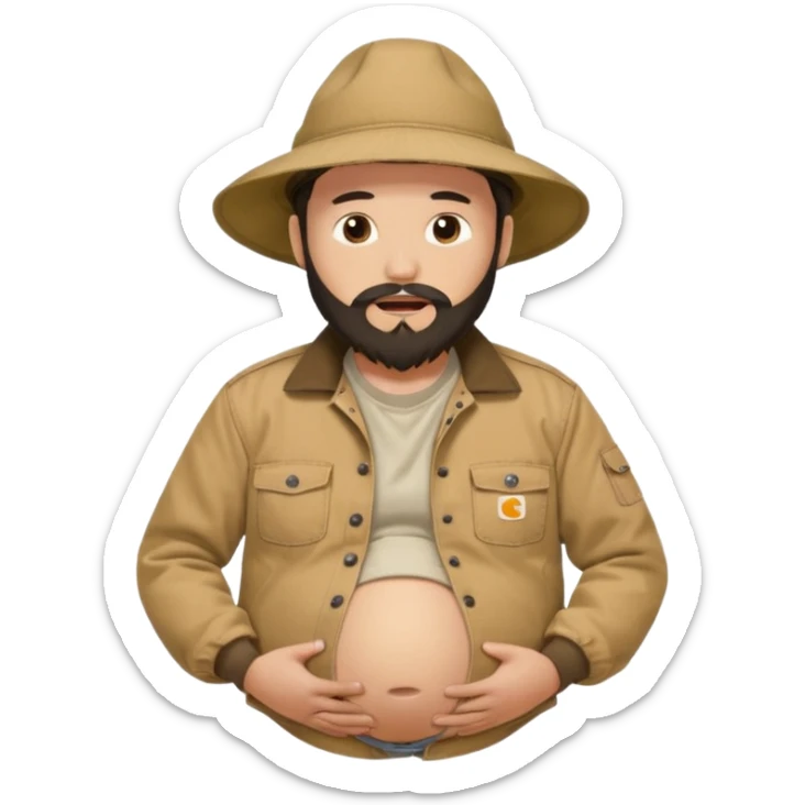 Bearded man rubbing pregnant belly poking out of shirt wearing a tan canvas carhartt jacket with a stereotypical large chinese hat on and buck teeth sticker