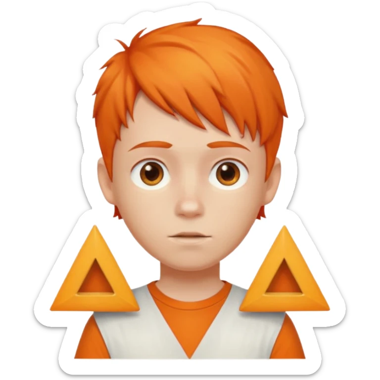 Boy with triangle head and orang and white shirt and orange hair sticker