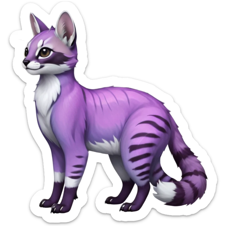 Colorful dark tropical pastel-lilac-lavender-violet iridescent pastel white glorious divine exotic cute cool beautiful shiny beautiful fantasy-caracal-civet-genet-sergal-vernid-Cacomistle-oncilla-animal-Fakémon-hybrid-fursona (full body) sticker