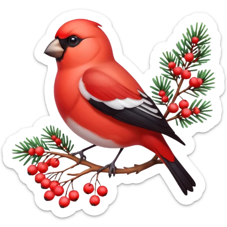 3D emoji of a bright red bullfinch bird (Snegir) sitting on a pine branch covered in fluffy white snow and red frozen rowan berries. Vibrant colors, soft feathers texture, glossy 3D icon style, Apple aesthetic, isolated on a solid white background, studio lighting. sticker