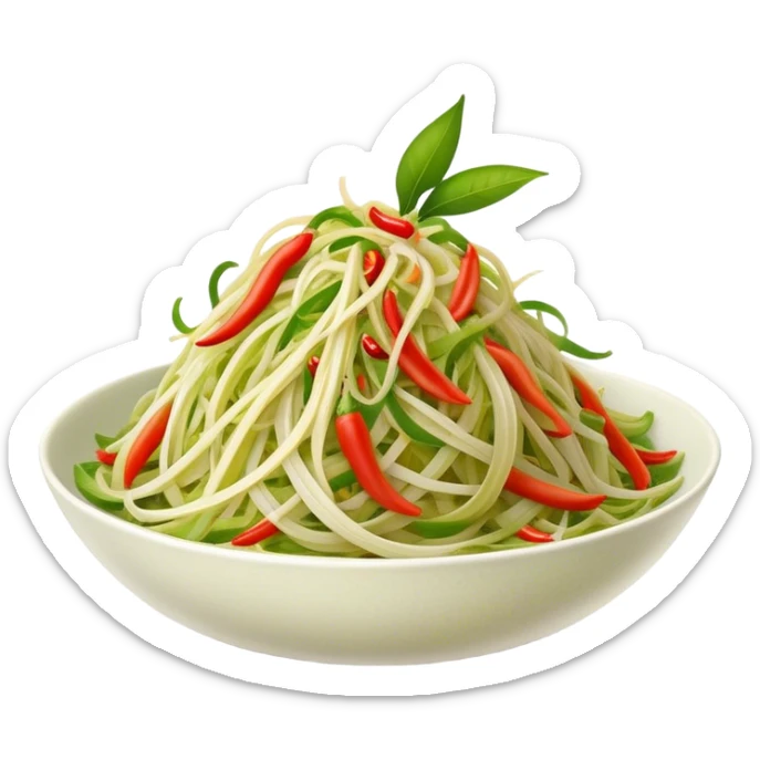 Cinematic Realistic Som Tam (Papaya Salad) Dish Emoji, featuring a spicy, tangy salad of shredded green papaya with chili and lime rendered with crisp textures and bright, lively lighting. sticker