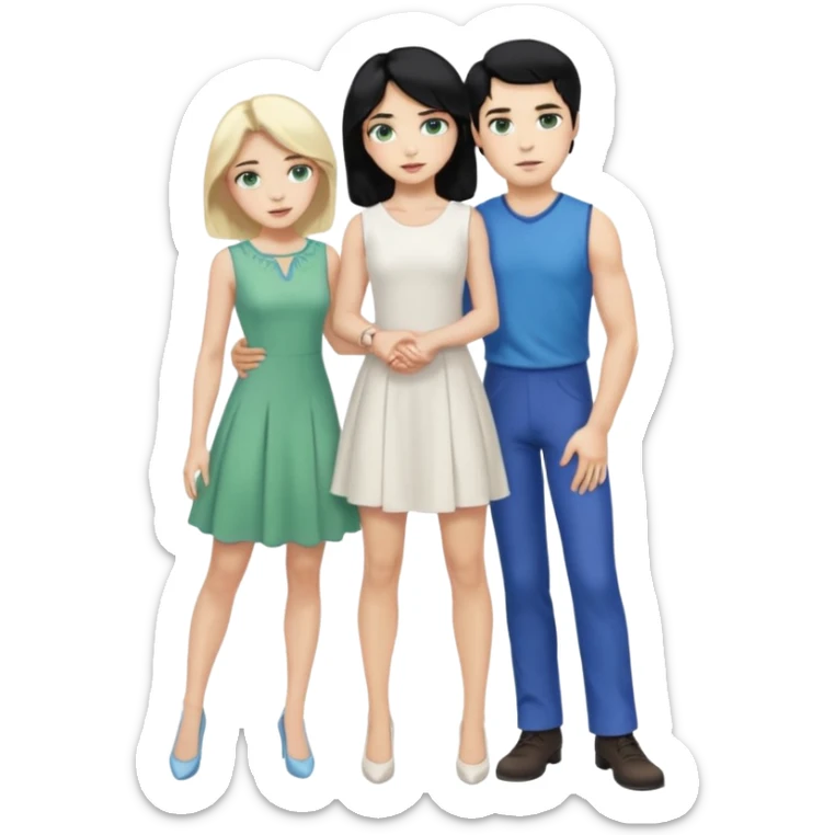 prince, standing upright, black Hair, blue eyes, garment, and woman, bending knee, sleveless white dress, blonde hair, green eyes, sticker