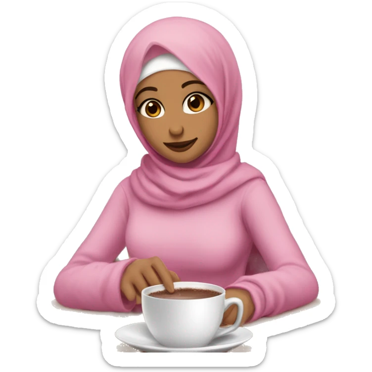 Hijabi , white , brown eyes , girl wearing pink glofs and pink hodie with pink skarf and handing a cup of hot chocolate having on it 🎀 sticker