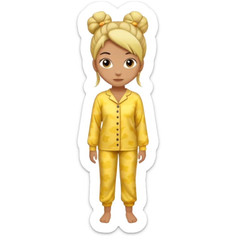 woman standing, wearing yellow pajamas, hair in a bun, full body sticker