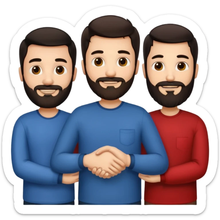 emoji trio três homens brancos de cabelo escuro e os três tem barba juntos de mãos dadas sticker