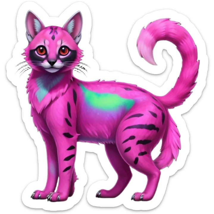 Colorful dark neon-lime-green with neon-magenta, pastel-rose-pink iridescent nebulae gloomy edgy spooky evil tropical ruby exotic cute cool beautiful shiny beautiful fantasy-caracal-civet-genet-sergal-vernid-serval-Gryphon-Cacomistle-Trico-oncilla-animal-Fakémon-hybrid-fursona (full body) sticker