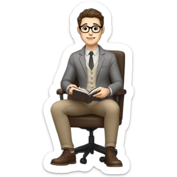 Pale skinned Fit Man With dark brown hair in gray jacket, beige office shirt, Brown pants and vintage glasses sitting In a soft chair with a notebook on spring with emblem Ψ and a pen sticker