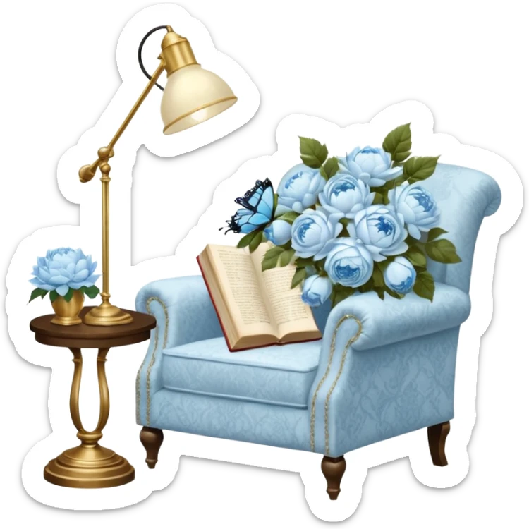 A cozy vintage-inspired reading nook, with an overstuffed ivory armchair, a golden reading lamp, and a bouquet of soft blue roses, white peonies, and dahlias resting on a small lace-covered side table, as a pearl butterfly gently rests on the open book.  sticker