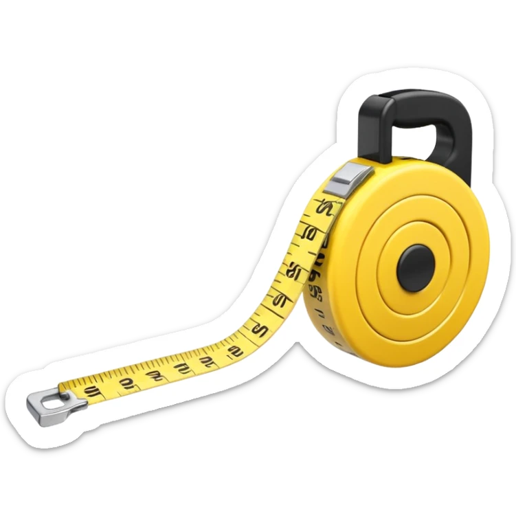 A 3D emoji-style yellow measuring tape, rolled in a spiral with black markings, realistic light and shadow, minimalistic background, vector-like clean design. sticker