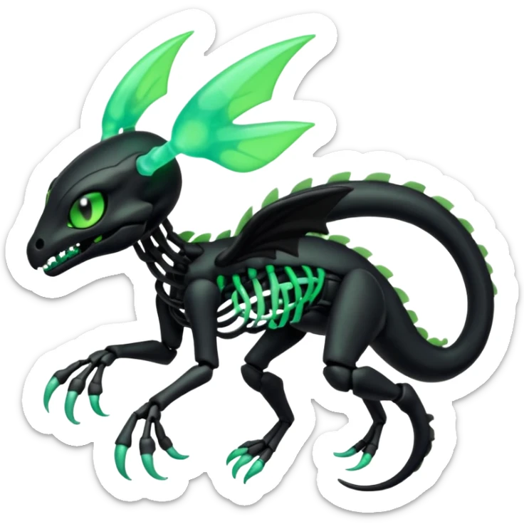 Obsidian-black and neon-glowing-green skeletal Meloetta-Salandit-Gorebyss-Salazzle-Pokémon-Fakémon-creature-fusion-hybrid sticker