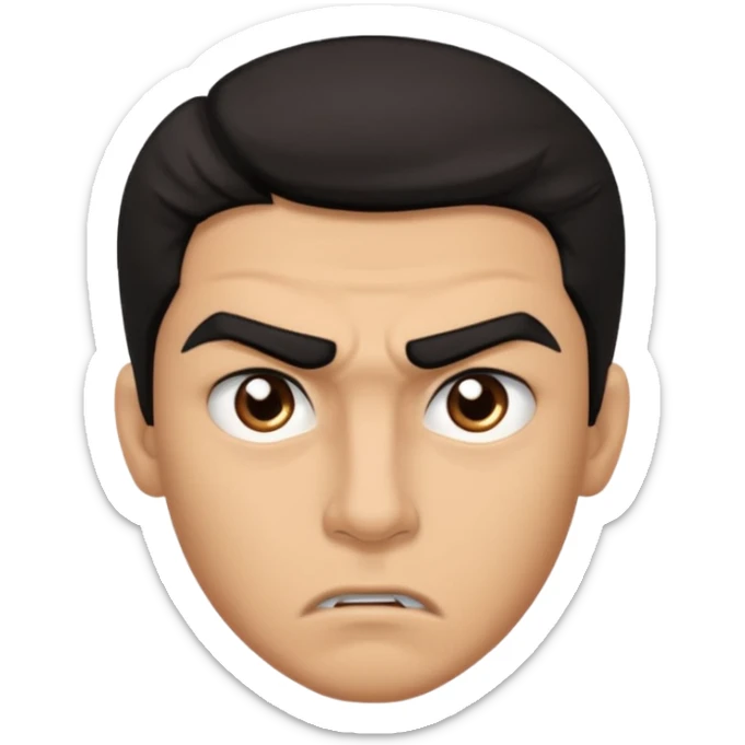 emoji de un joven, con cejas gruesas que parece enojado, nariz medio grande, hombros anchos, sin sonrisa, hombros anchos, cabello medio ondulado con un corte juvenil, cabello negro. ojos negros. sticker
