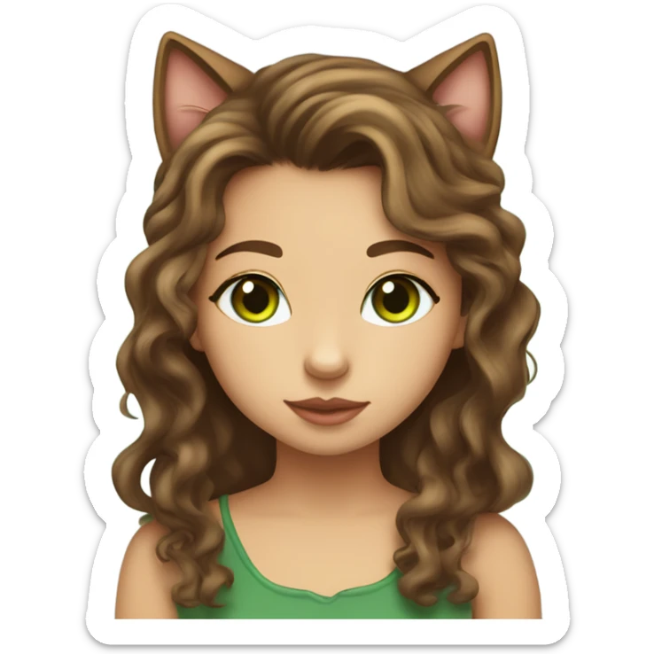 Girl with fair skin and long, dark brown, curly hair and hazel eyes kissing a brown tabby cat with green eyes on its head sticker
