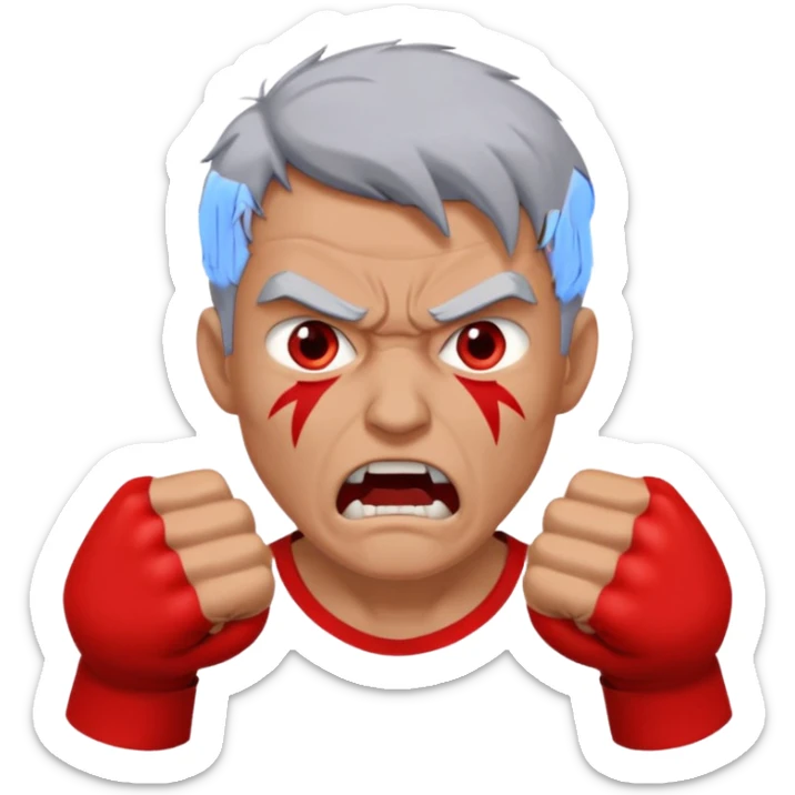 an enraged man with red skin and gray hair, clenched fists sticker