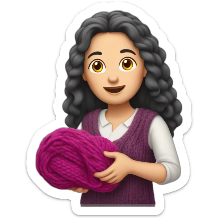 60-year-old jewish woman with long dark hair, holding knitting sticker
