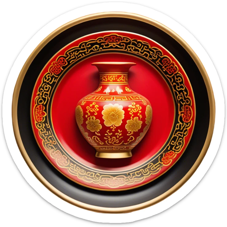 Chinese metal painting icon, intricate hand-painted Chinese patterns on metal objects such as plates or vases, vibrant colors like red, gold, and black, delicate brushstrokes, visible fine paintbrush and metal surface, no finished artwork, just the painting process, minimalistic style, clean lines, transparent background. sticker
