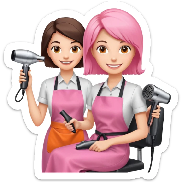 smiling woman client in pink apron sitting in salon chair, female hairstylist smiling behind her with orange apron, holding a hairdryer in right hand sticker