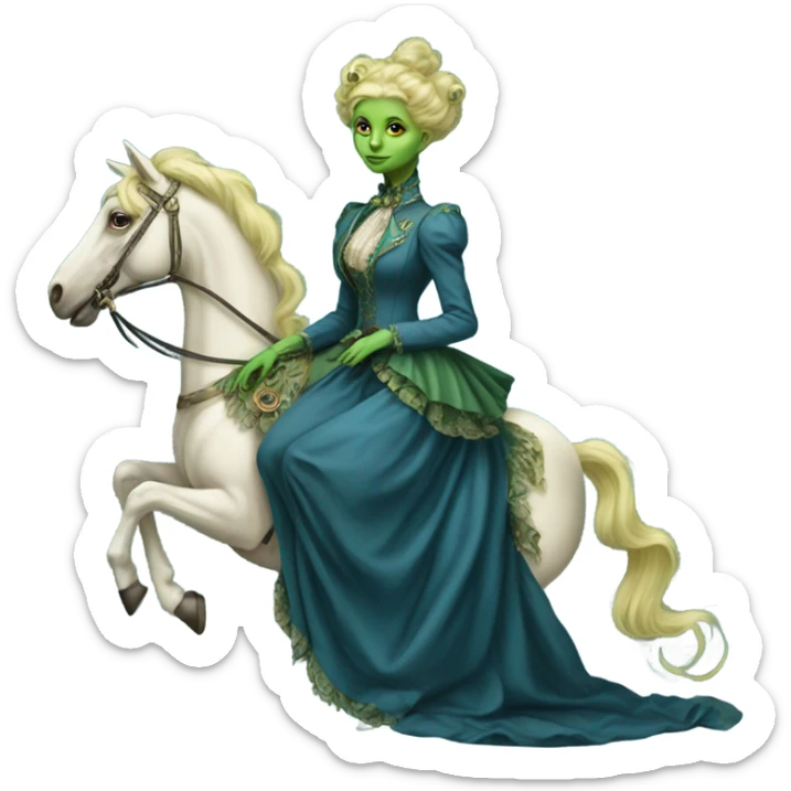 "galora green blonde alien woman" in blue Victorian dress elegant, full body, on pegaso sticker
