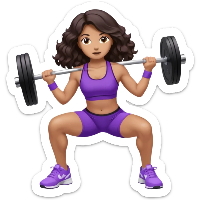 mujer de tez trigueña, con cabello castaño oscuro ondulado no muy marcado, hasta las nalgas super largo estilizado, con ropa deportiva morada/lila, tenis blancos deportivos y levantando una pesa sticker