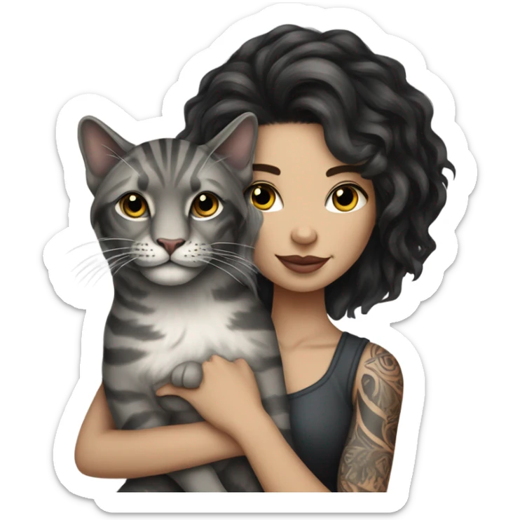 Beautiful dark haired lion tattooed woman holding gray and white stripe long haired cat sticker